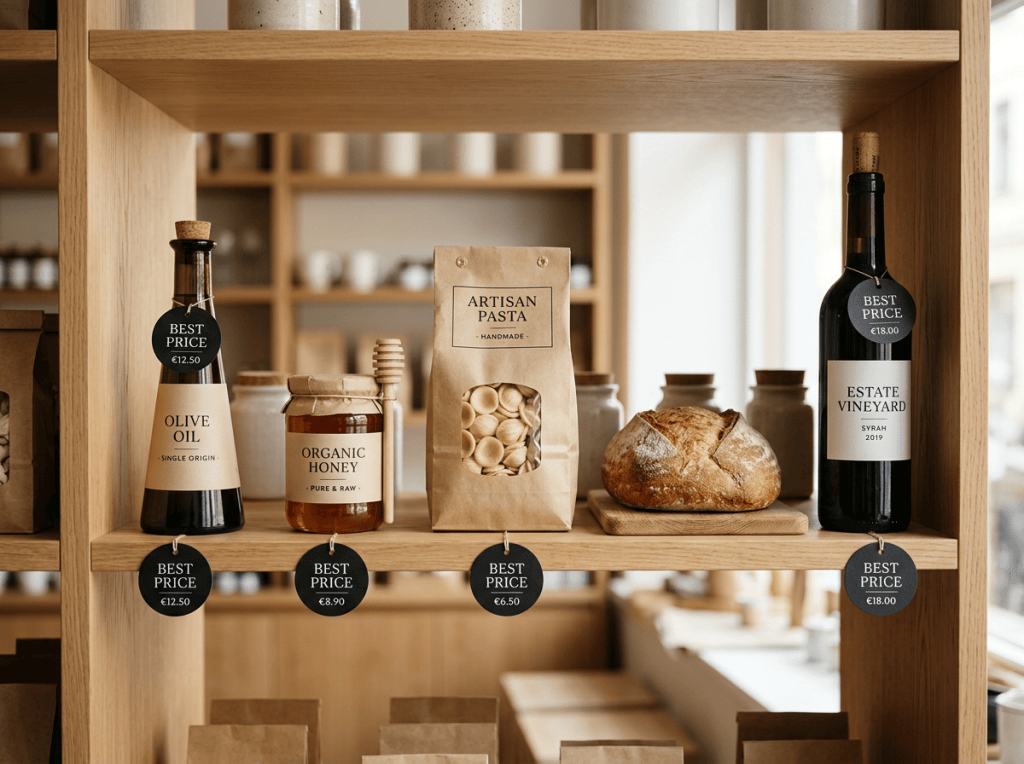 Shelf of artisan pasta, olive oil, organic honey, bread, and estate vineyard wine with best-price tags.